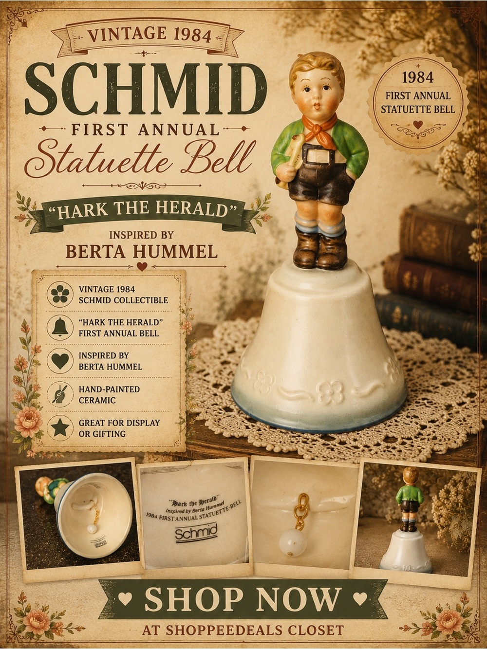 Vintage 1984 Schmid “Hark the Herald” Berta Hummel Inspired Statuette Bell
